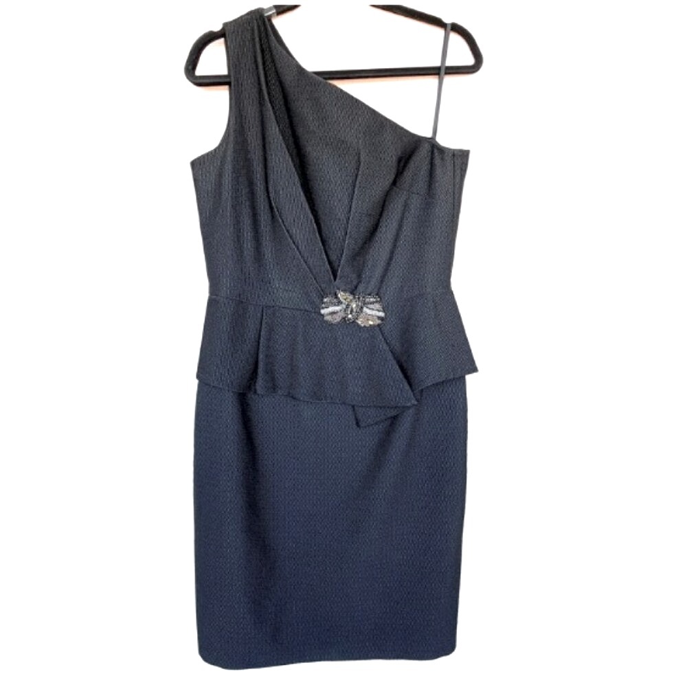 David Meister Midi Dress One Shoulder Sequins Embelished Cocktail Holiday Dress